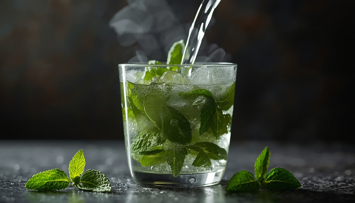 Hot water poured over mint leaves